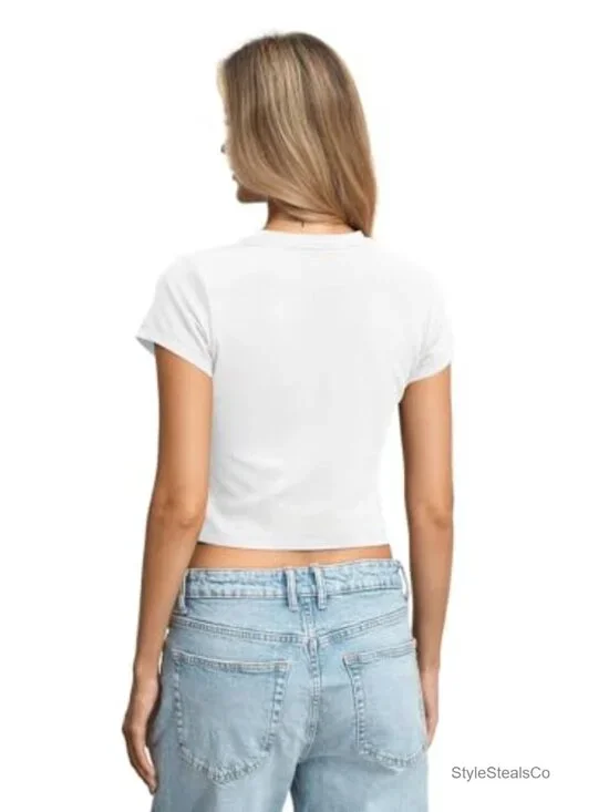 Slim Fit Cotton Crop Top Tee Short Sleeve Crewneck Summer Basic - Picture 4 of 7